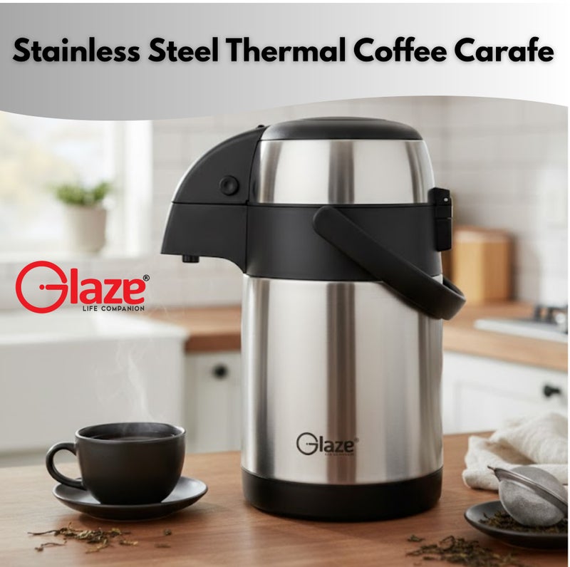 جليز ترمس حراري سعة 3 لترات، مصنوع من الفولاذ المقاوم للصدأ، موزع مشروبات حراري - يحافظ على الماء الساخن والبارد لمدة 24 ساعة، ويحفظ الشاي والقهوة، مزود بمضخة ضغط، وحامل معزول بمقبض - Image 2